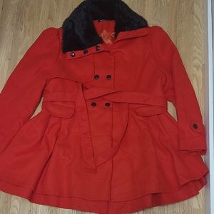 Zeagoo Red Dress Coat with Black Faux Fur Collar